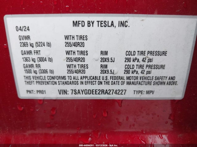 Aukcja sprzedaży 2024 Tesla Model Y Long Range Dual Motor All-wheel Drive, vin: 7SAYGDEE2RA274227, numer aukcji: 44594201