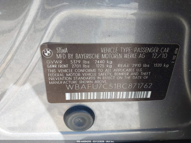Продажа на аукционе авто 2011 Bmw 535i Xdrive, vin: WBAFU7C51BC871762, номер лота: 44594208