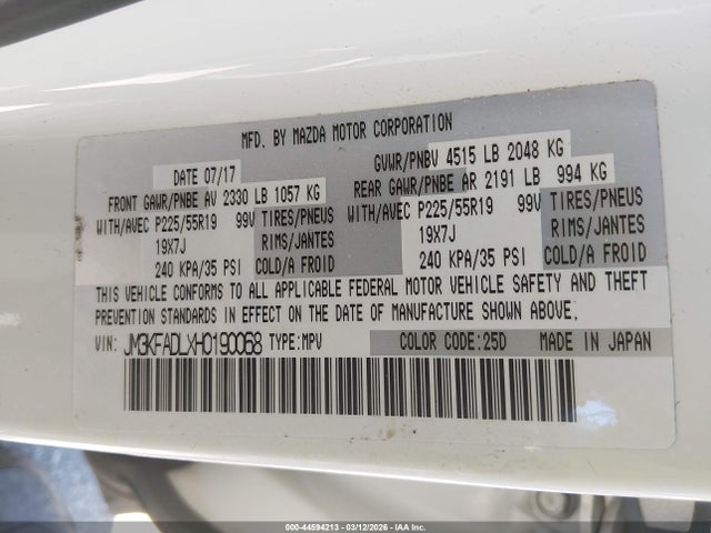 44594213 :رقم المزاد ، JM3KFADLXH0190068 vin ، 2017 Mazda Cx-5 Grand Select مزاد بيع
