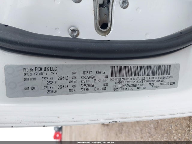 Aukcja sprzedaży 2016 Ram 1500 Laramie, vin: 1C6RR7NT9GS420807, numer aukcji: 44594222
