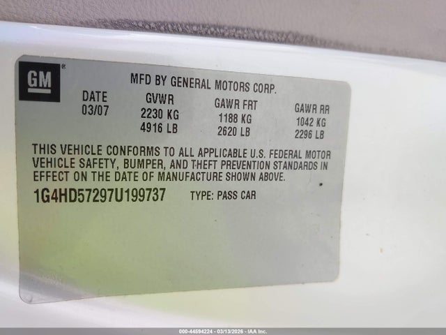 Aukcja sprzedaży 2007 Buick Lucerne Cxl, vin: 1G4HD57297U199737, numer aukcji: 44594224