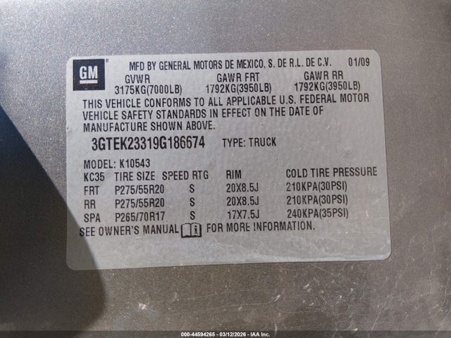 Aukcja sprzedaży 2009 Gmc Sierra 1500 Sle, vin: 3GTEK23319G186674, numer aukcji: 44594265