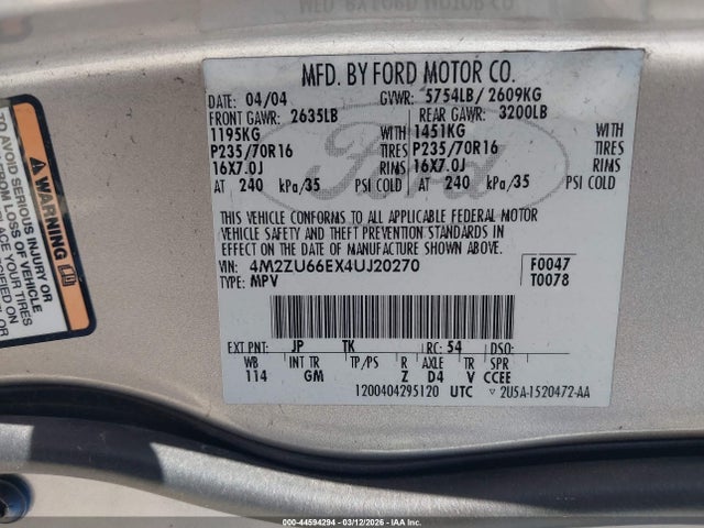 2004 Mercury Mountaineer მანქანა იყიდება აუქციონზე, vin: 4M2ZU66EX4UJ20270, აუქციონის ნომერი: 44594294