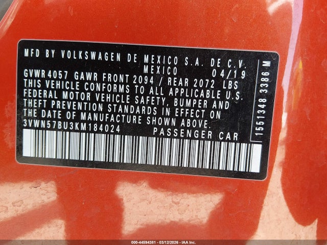 44594381 :رقم المزاد ، 3VWN57BU3KM184024 vin ، 2019 Volkswagen Jetta 1.4t S مزاد بيع