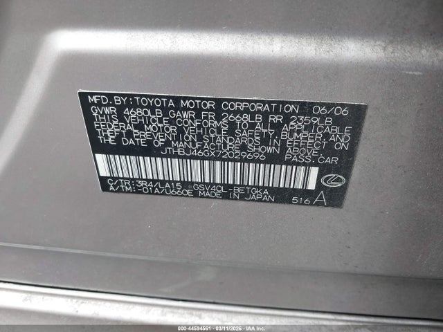 44594561 :رقم المزاد ، JTHBJ46GX72029696 vin ، 2007 Lexus Es 350 مزاد بيع