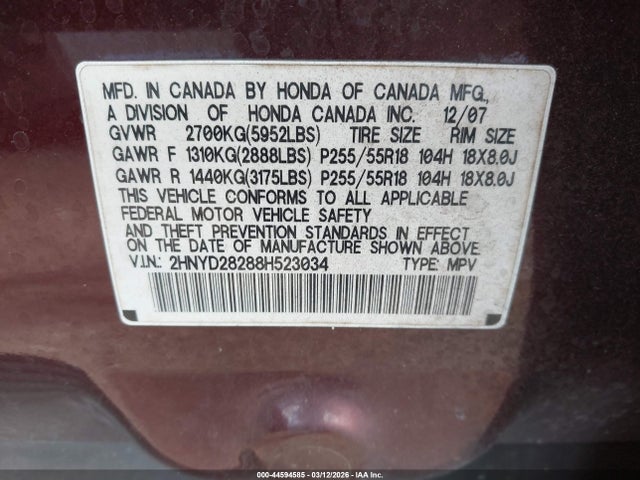 Продаж на аукціоні авто 2008 Acura Mdx, vin: 2HNYD28288H523034, номер лоту: 44594585