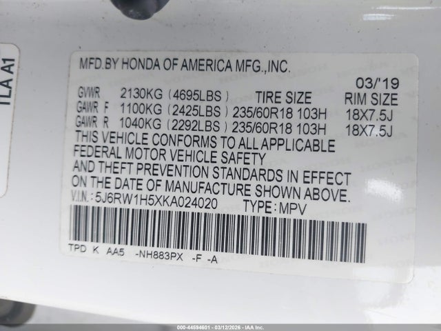 2019 HONDA CR-V 5J6RW1H5XKA024020 Photo 8