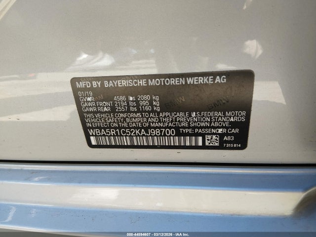 44594607 :رقم المزاد ، WBA5R1C52KAJ98700 vin ، 2019 Bmw 330i مزاد بيع