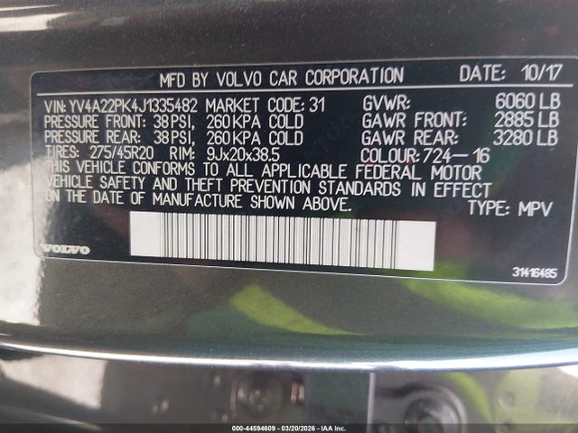 Продажа на аукционе авто 2018 Volvo Xc90 T6 Momentum, vin: YV4A22PK4J1335482, номер лота: 44594609