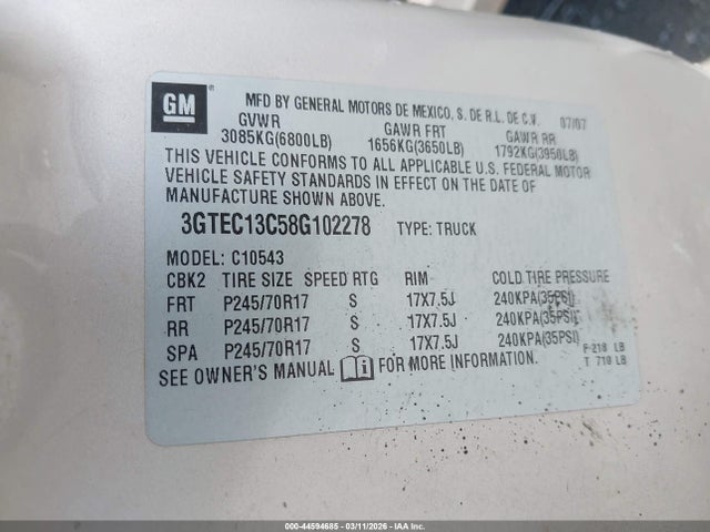 Aukcja sprzedaży 2008 Gmc Sierra 1500 Sl, vin: 3GTEC13C58G102278, numer aukcji: 44594685