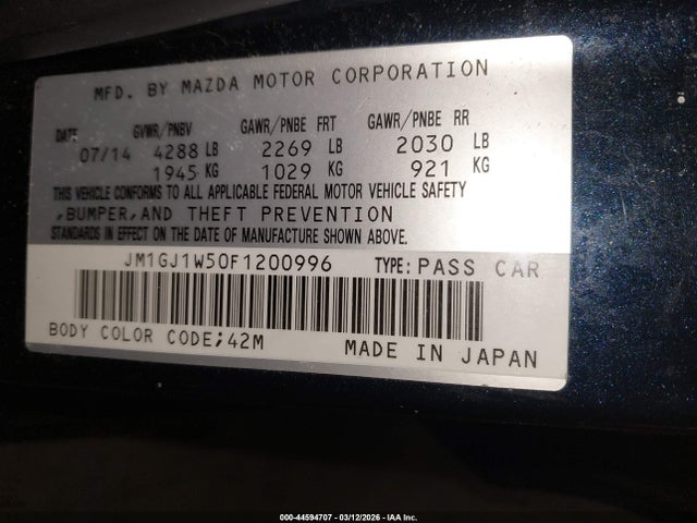 Aukcja sprzedaży 2015 Mazda Mazda6 I Grand Touring, vin: JM1GJ1W50F1200996, numer aukcji: 44594707