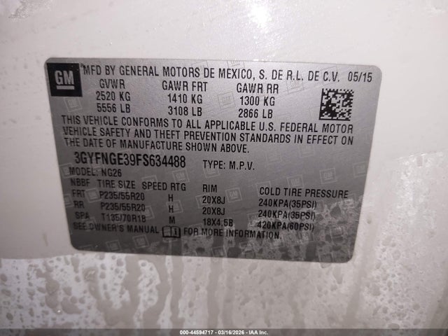 44594717 :رقم المزاد ، 3GYFNGE39FS634488 vin ، 2015 Cadillac Srx Premium Collection مزاد بيع
