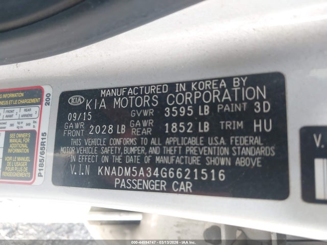 44594747 :رقم المزاد ، KNADM5A34G6621516 vin ، 2016 Kia Rio Lx مزاد بيع