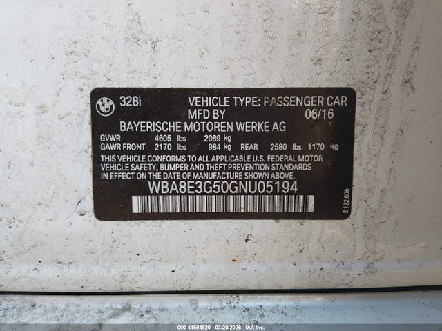Aukcja sprzedaży 2016 Bmw 328i Xdrive, vin: WBA8E3G50GNU05194, numer aukcji: 44594820