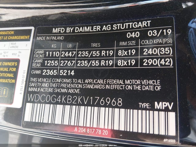44594893 :رقم المزاد ، WDC0G4KB2KV176968 vin ، 2019 Mercedes-benz Glc 300 4matic مزاد بيع