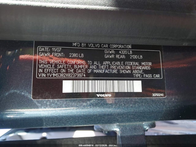 Aukcja sprzedaży 2008 Volvo S40 2.4i, vin: YV1MS382X82379974, numer aukcji: 44594916