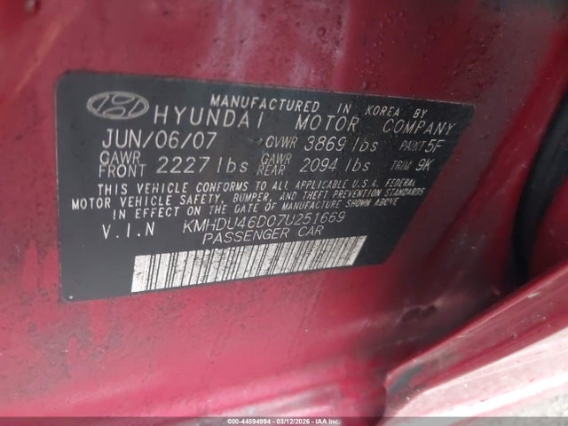 Aukcja sprzedaży 2007 Hyundai Elantra Gls/limited/se, vin: KMHDU46D07U251669, numer aukcji: 44594994