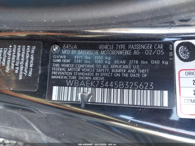 Aukcja sprzedaży 2005 Bmw 645ci, vin: WBAEK73445B325623, numer aukcji: 44594997