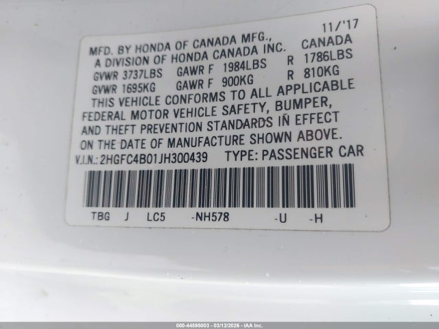 Honda Civic Lx-p 2018 2HGFC4B01JH300439 Image 9