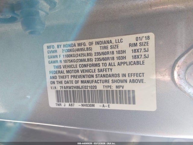 44595026 :رقم المزاد ، 7FARW2H86JE021020 vin ، 2018 Honda Cr-v Ex-l/ex-l Navi مزاد بيع