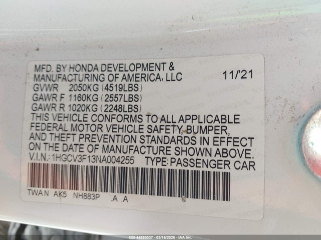 1HGCV3F13NA004255 Honda ACCORD HYBRID