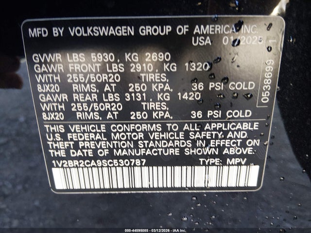 Продаж на аукціоні авто 2025 Volkswagen Atlas 2.0t Sel, vin: 1V2BR2CA9SC530787, номер лоту: 44595085
