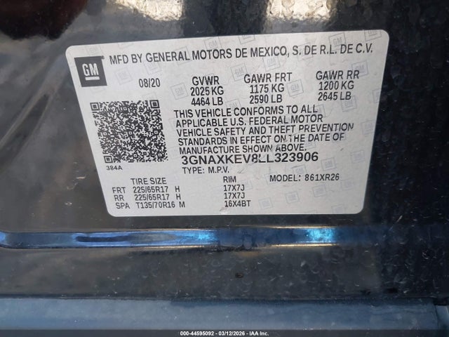 2020 Chevrolet Equinox Fwd Lt 1.5l Turbo მანქანა იყიდება აუქციონზე, vin: 3GNAXKEV8LL323906, აუქციონის ნომერი: 44595092