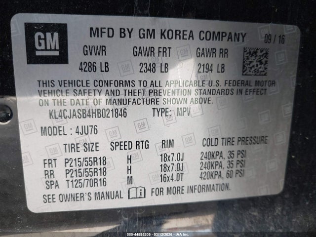 44595205 :رقم المزاد ، KL4CJASB4HB021846 vin ، 2017 Buick Encore Preferred مزاد بيع