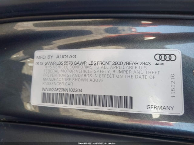 44595223 :رقم المزاد ، WAUV2AF20KN102304 vin ، 2019 Audi A7 55 Premium مزاد بيع