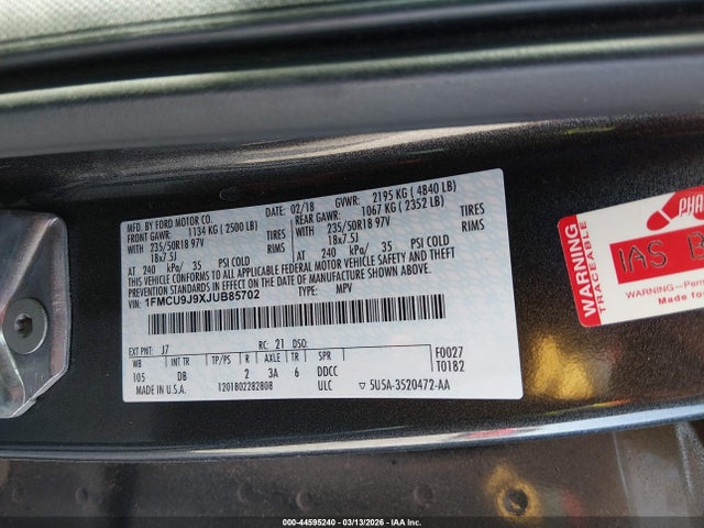 Aukcja sprzedaży 2018 Ford Escape Titanium, vin: 1FMCU9J9XJUB85702, numer aukcji: 44595240