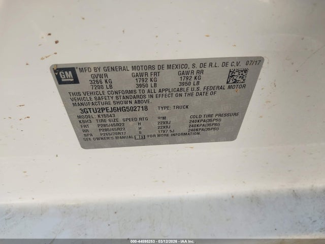2017 Gmc Sierra 1500 Denali მანქანა იყიდება აუქციონზე, vin: 3GTU2PEJ6HG502718, აუქციონის ნომერი: 44595253