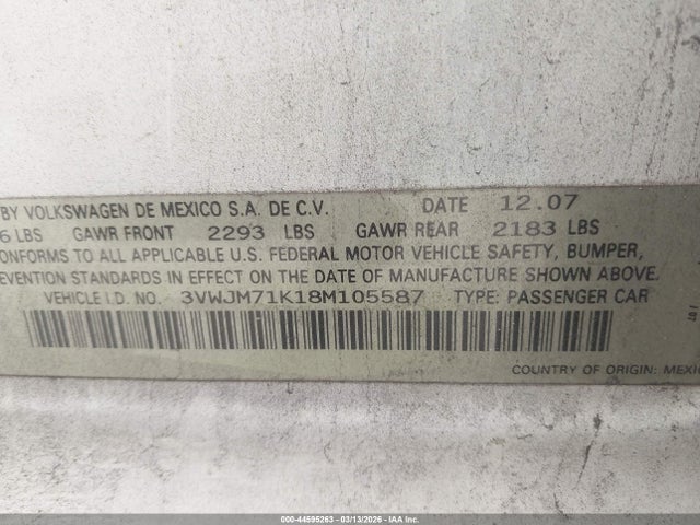44595263 :رقم المزاد ، 3VWJM71K18M105587 vin ، 2008 Volkswagen Jetta S مزاد بيع