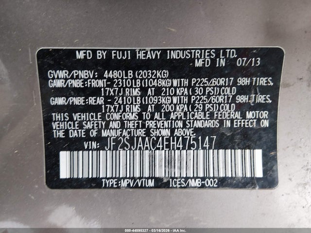 44595327 :رقم المزاد ، JF2SJAAC4EH475147 vin ، 2014 Subaru Forester 2.5i مزاد بيع