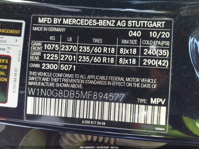 Aukcja sprzedaży 2021 Mercedes-benz Glc 300 Suv, vin: W1N0G8DB5MF894577, numer aukcji: 44595357