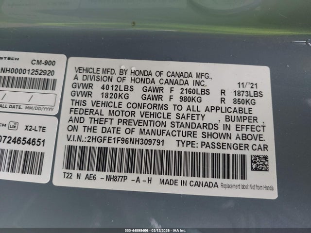 Honda Civic Touring 2022 2HGFE1F96NH309791 Image 9