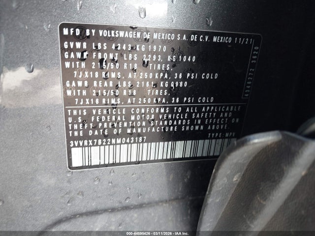 Aukcja sprzedaży 2022 Volkswagen Taos 1.5t Se, vin: 3VVRX7B22NM043187, numer aukcji: 44595426