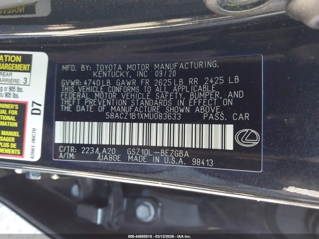 Продажа на аукционе авто 2021 Lexus Es 350, vin: 58ACZ1B1XMU083633, номер лота: 44595518