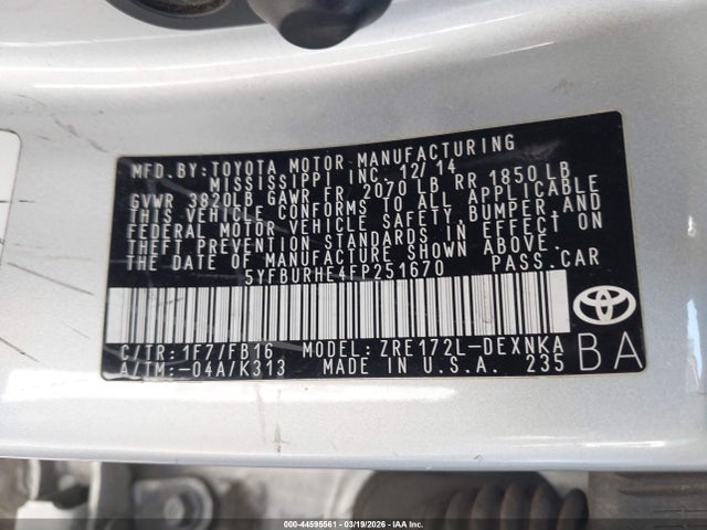 Toyota Corolla Le Plus 2015 5YFBURHE4FP251670 Image 9