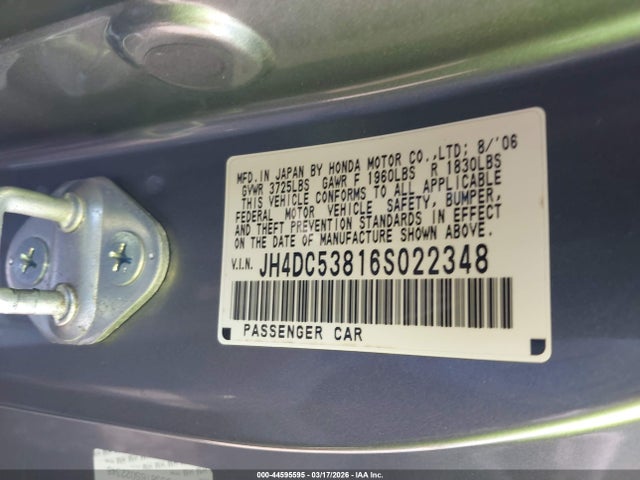 2006 Acura Rsx მანქანა იყიდება აუქციონზე, vin: JH4DC53816S022348, აუქციონის ნომერი: 44595595