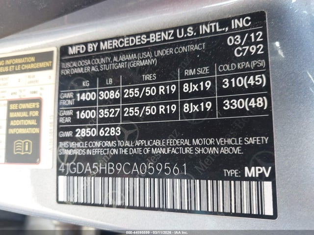 Aukcja sprzedaży 2012 Mercedes-benz Ml 350 4matic, vin: 4JGDA5HB9CA059561, numer aukcji: 44595599