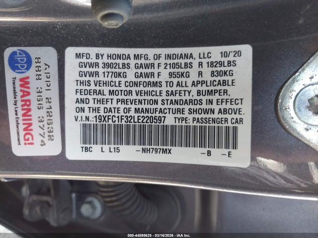 Honda CIVIC EX 2020 19XFC1F32LE220597 Image 9