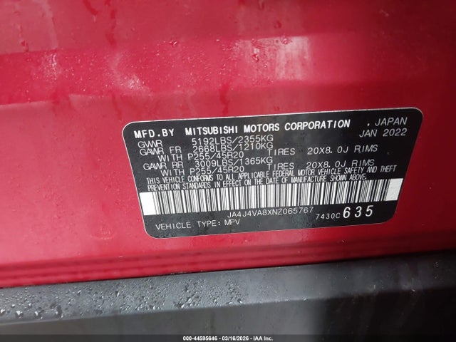 Продаж на аукціоні авто 2022 Mitsubishi Outlander Sel 2.5 S-awc, vin: JA4J4VA8XNZ065767, номер лоту: 44595646