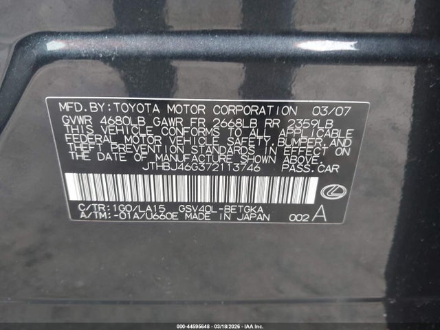 44595648 :رقم المزاد ، JTHBJ46G372113746 vin ، 2007 Lexus Es 350 مزاد بيع