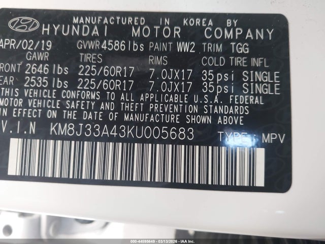 44595649 :رقم المزاد ، KM8J33A43KU005683 vin ، 2019 Hyundai Tucson Value مزاد بيع