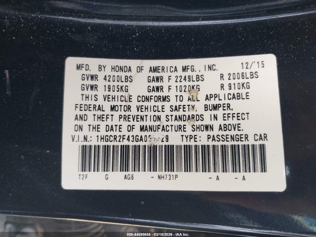 Aukcja sprzedaży 2016 Honda Accord Lx, vin: 1HGCR2F43GA087729, numer aukcji: 44595658