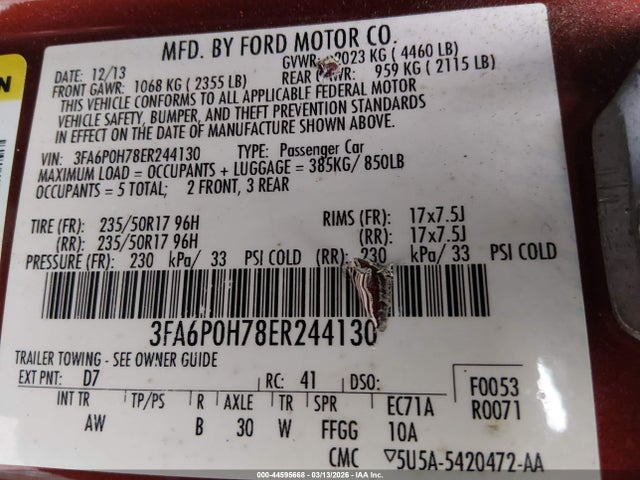 2014 Ford Fusion Se მანქანა იყიდება აუქციონზე, vin: 3FA6P0H78ER244130, აუქციონის ნომერი: 44595668