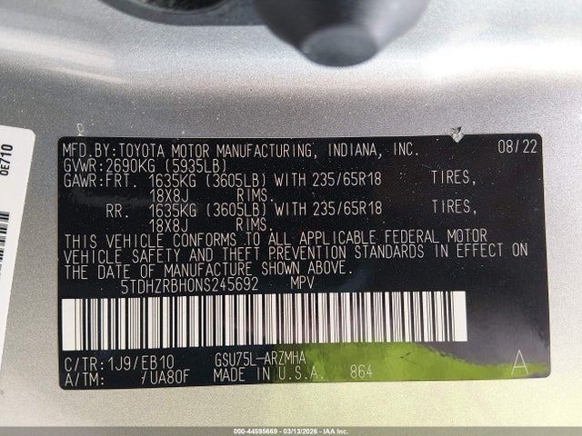 44595669 :رقم المزاد ، 5TDHZRBH0NS245692 vin ، 2022 Toyota Highlander Xle مزاد بيع