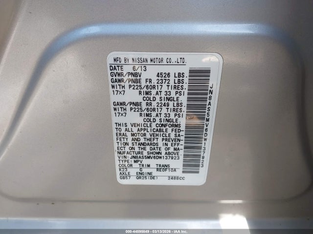 44595849 :رقم المزاد ، JN8AS5MV6DW137923 vin ، 2013 Nissan Rogue Sv مزاد بيع
