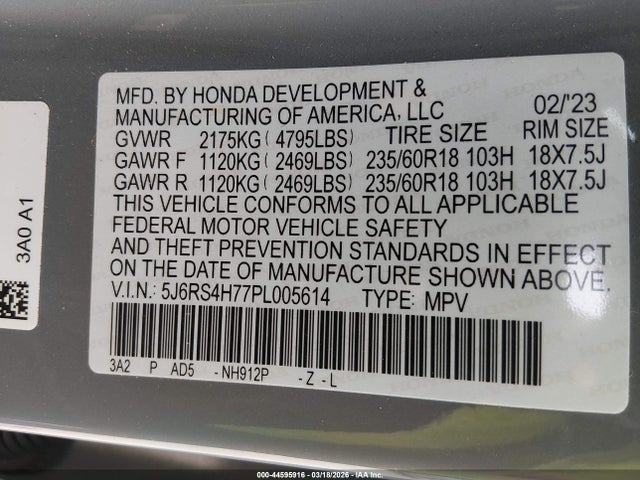 2023 Honda Cr-v Ex-l Awd მანქანა იყიდება აუქციონზე, vin: 5J6RS4H77PL005614, აუქციონის ნომერი: 44595916