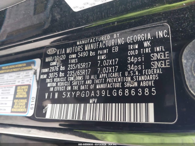 Продаж на аукціоні авто 2020 Kia Sorento 2.4l Lx, vin: 5XYPGDA39LG686385, номер лоту: 44595935